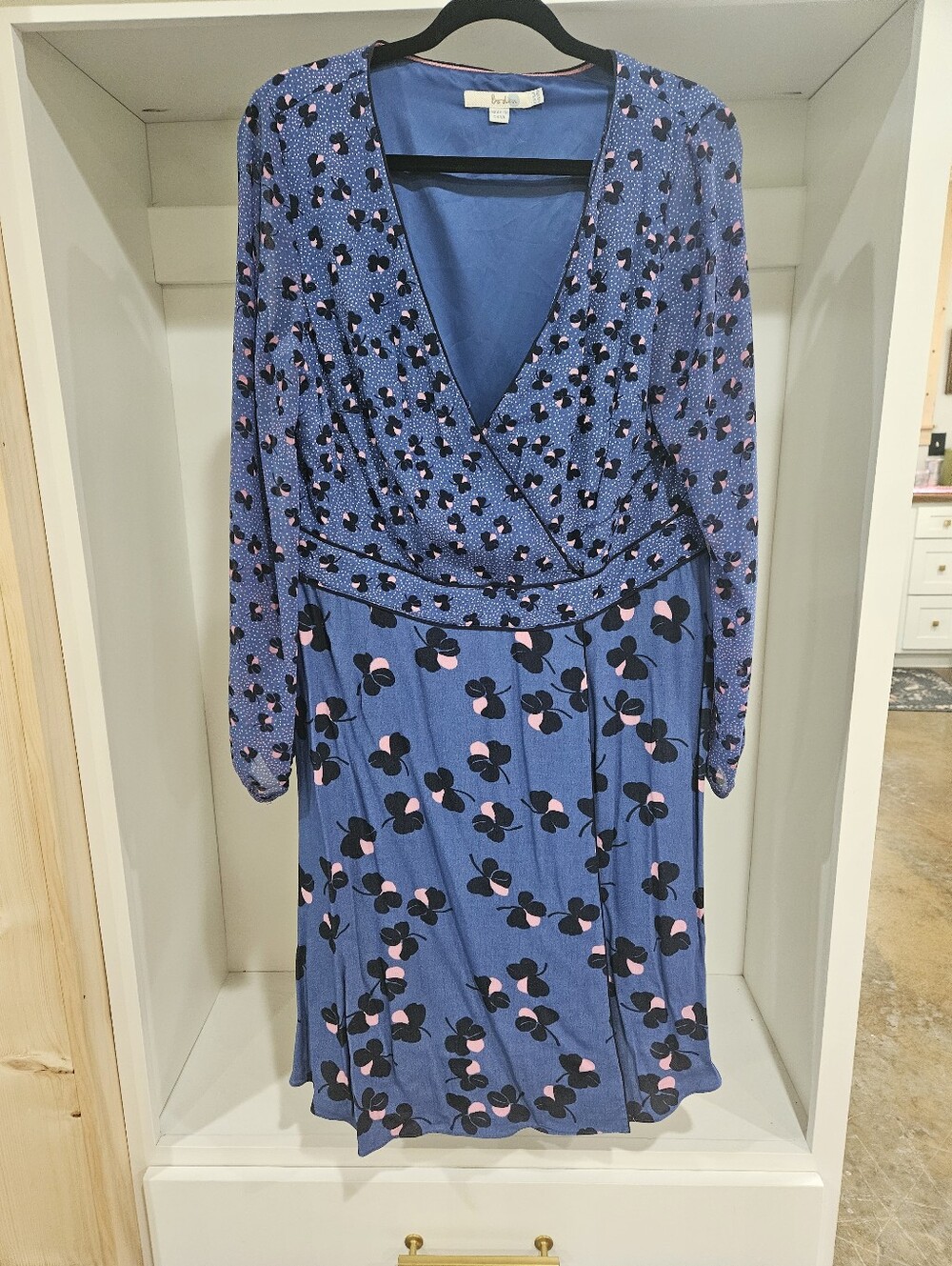 Boden Blue Floral-Print Faux Wrap Dress with Pink & Black Accents